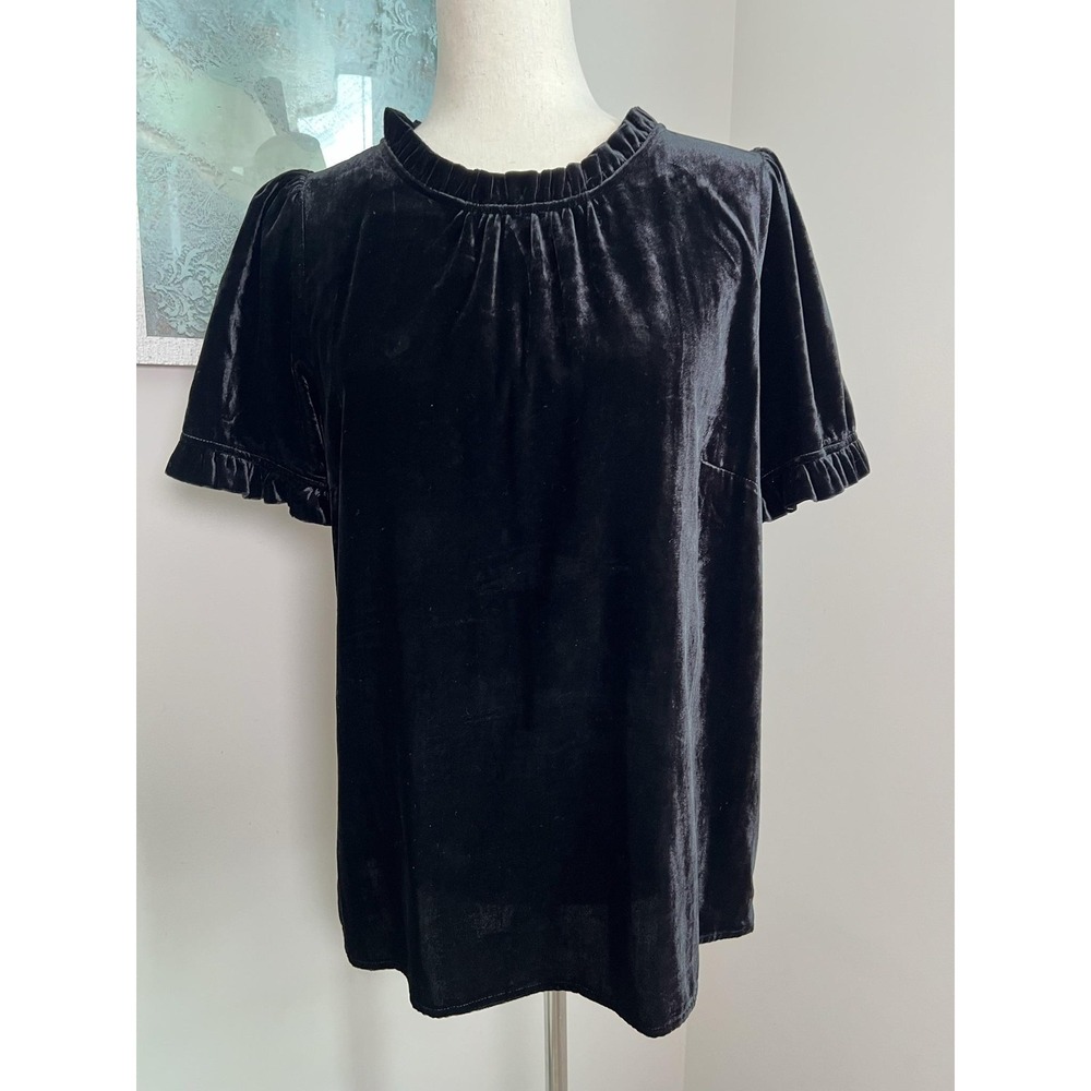 Talbots Black Velvet Large Blouse Ruffle Puff Sleeve Goth Whimsigoth Romantic